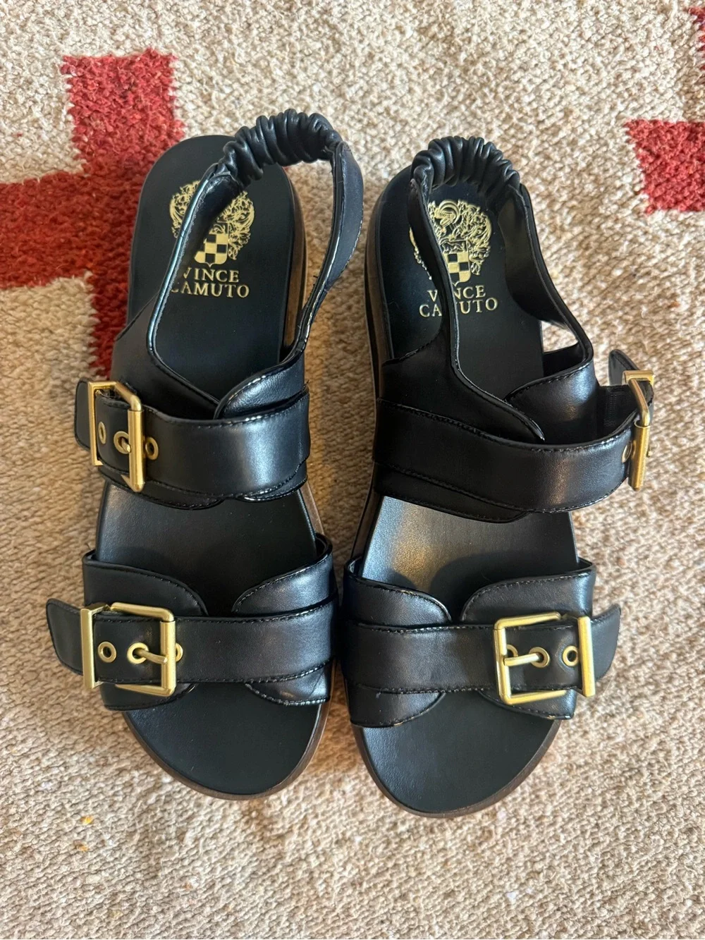 Vince Camuto Black Platform Sandals with Gold Buckles